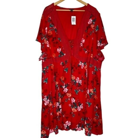 NWT Torrid Flutter Sleeve Lace-Up Skater Dress Gauze Floral Red Women Size 6X - Picture 3 of 9